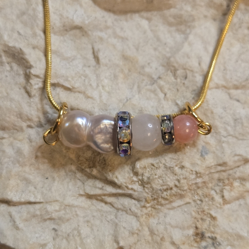 Baroque Pearl Vibe Bar Necklace | Rose Quartz & Pink Jade | 18Kgp Chain - Picture 5 of 7